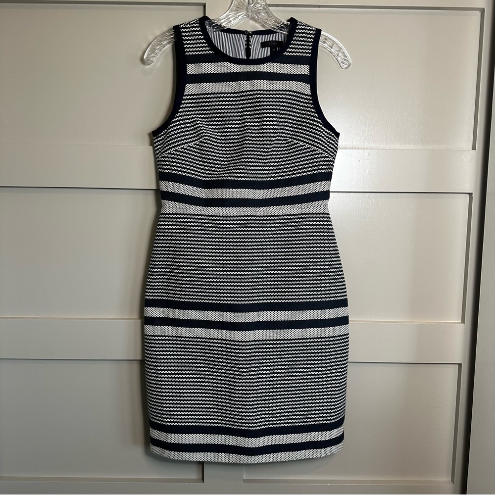 J Crew Sheath Dress Woven Striped Navy White Tweed Indigo Blue Bow Lined Sz 4P - Picture 1 of 11